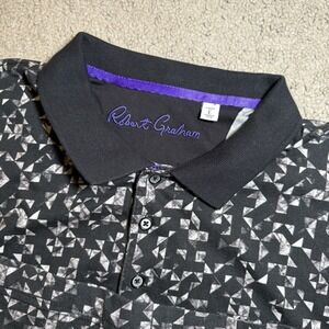 Robert Graham Mens L Classic Fit Black Silver Geometric Allover Print Polo Shirt